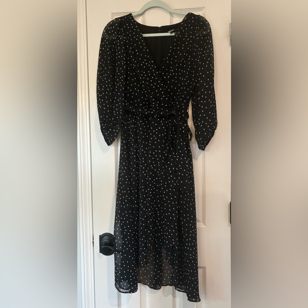 DKNY Black and White Polka Dot High Low Shear Elastic Sleeve Dress Size 6